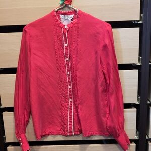 Vintage Red Silk Button-Up Blouse with Ruffle Trim
